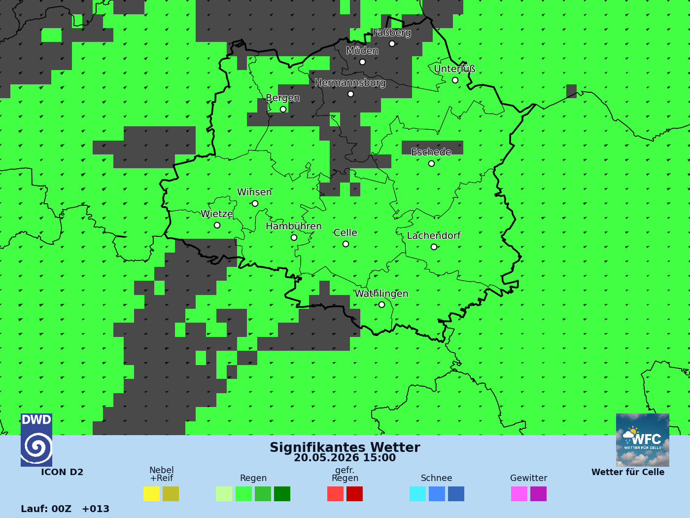 Das Wetter für Mi, 20.05.2026 - Tiefdruckeinfluss mit zeitweiligen Niederschlägen
