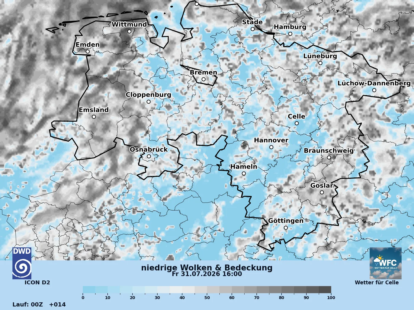 Tiefdruckeinfluss mit vielen Wolken