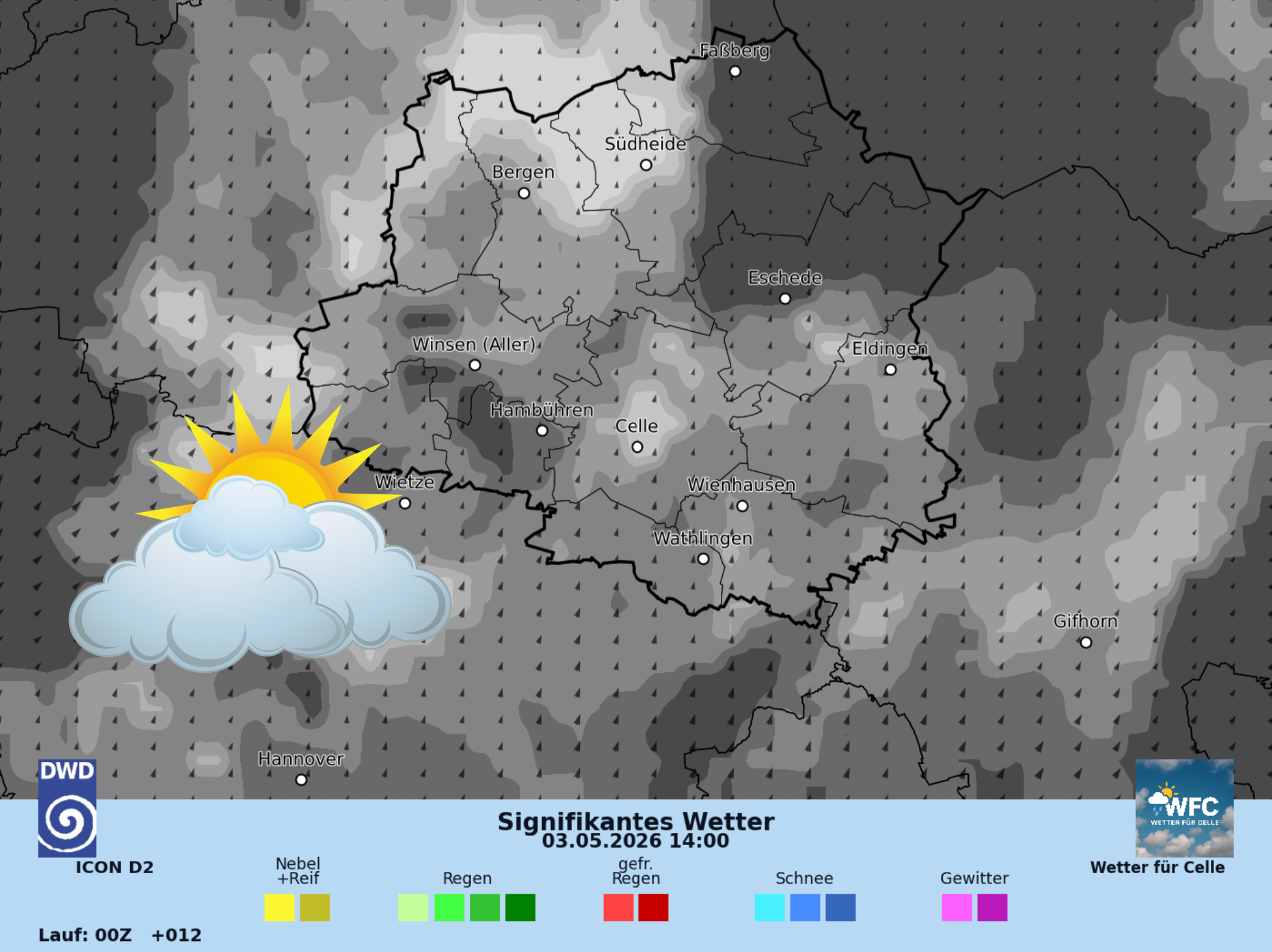 Das Wetter für So, 03.05.2026 - Sonne und Wolken, warm
