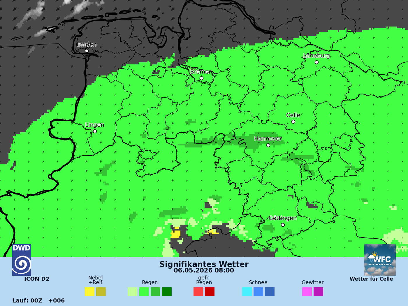 Das Wetter für Mi, 06.05.2026 - Dauerregen durch die Luftmassengrenze