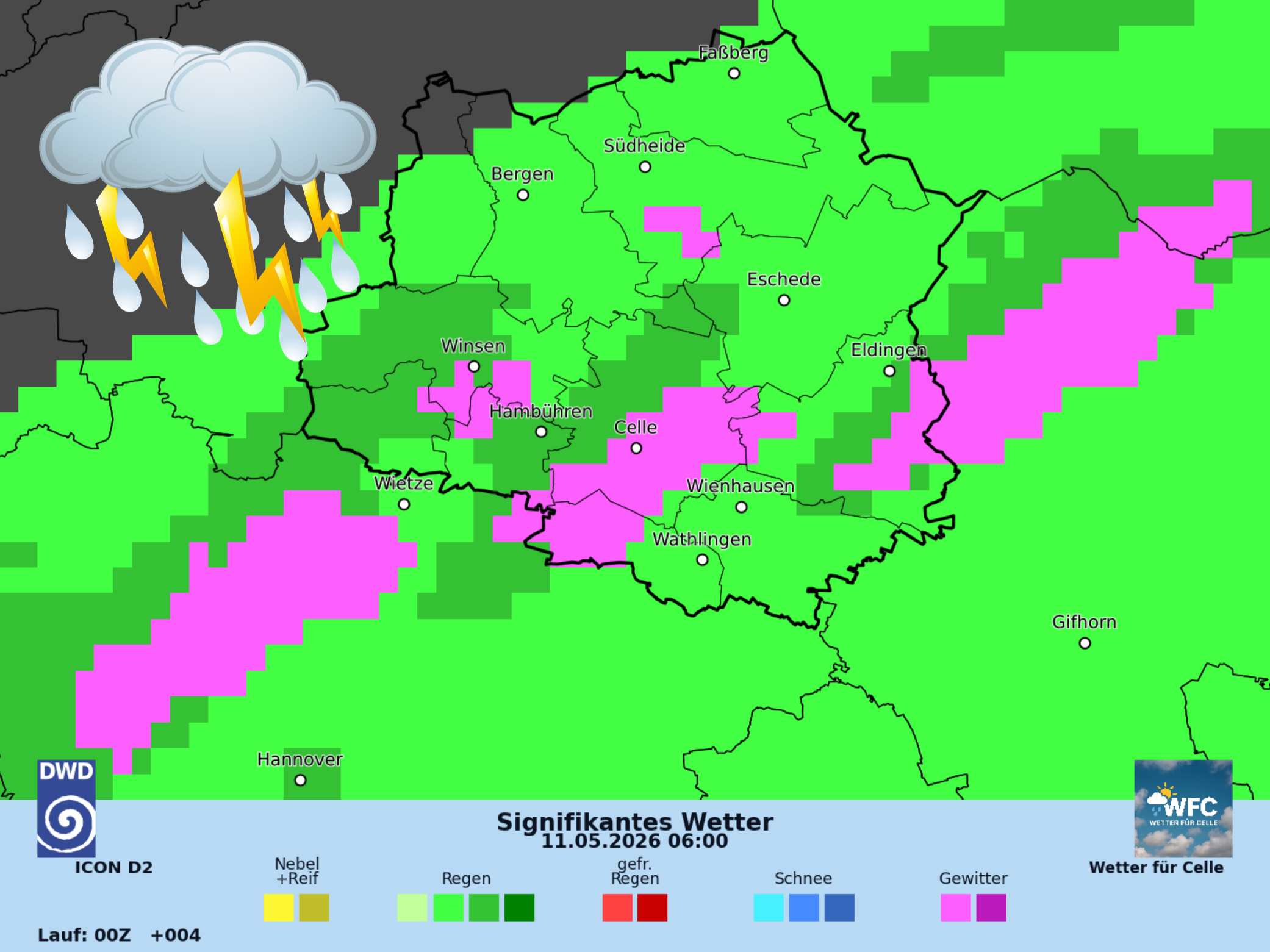 Das Wetter für Mo, 11.05.2026 - nass und windig