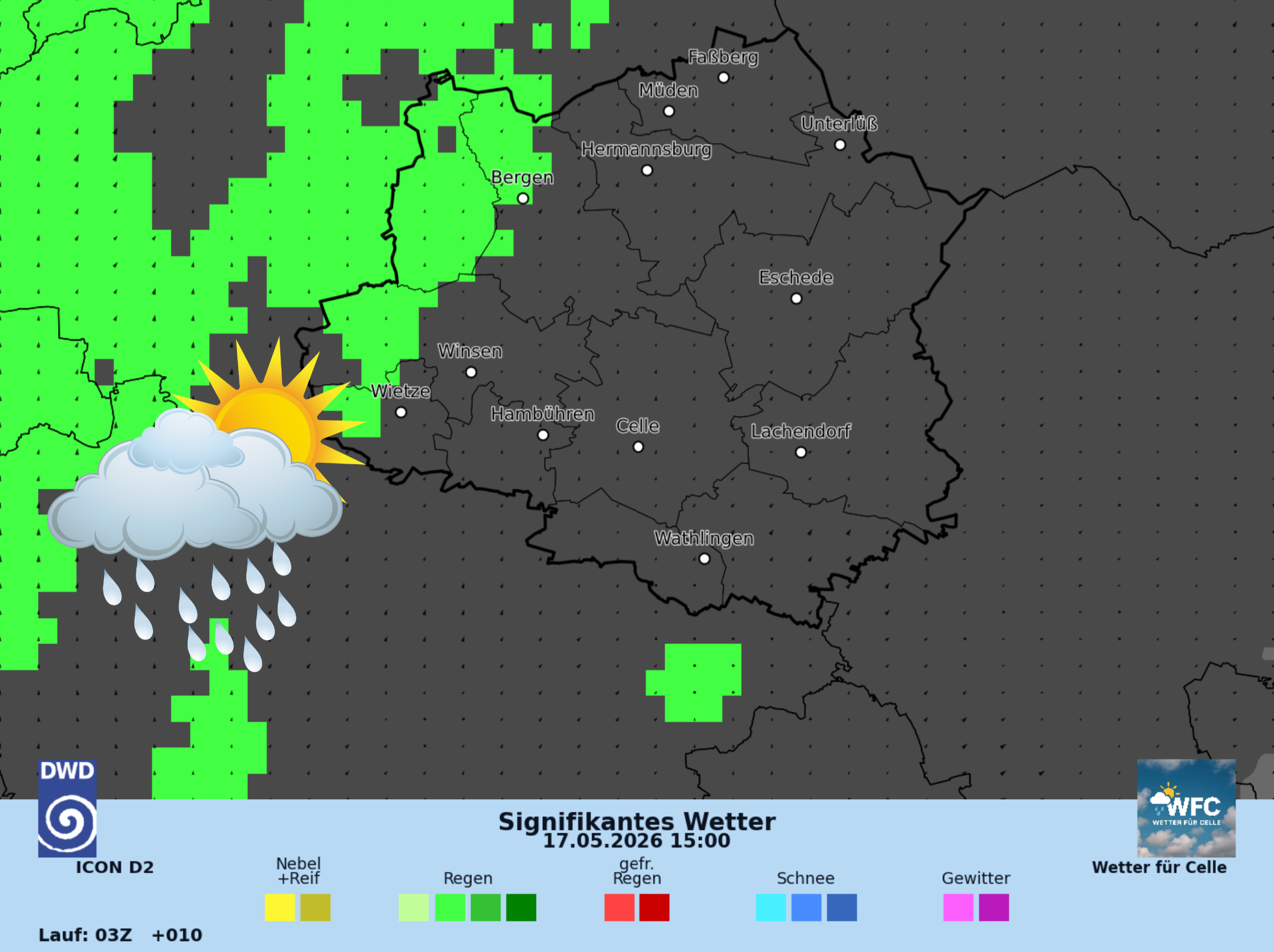 Das Wetter für So, 17.05.2026 - viele Wolken mit leichter Schauerneigung